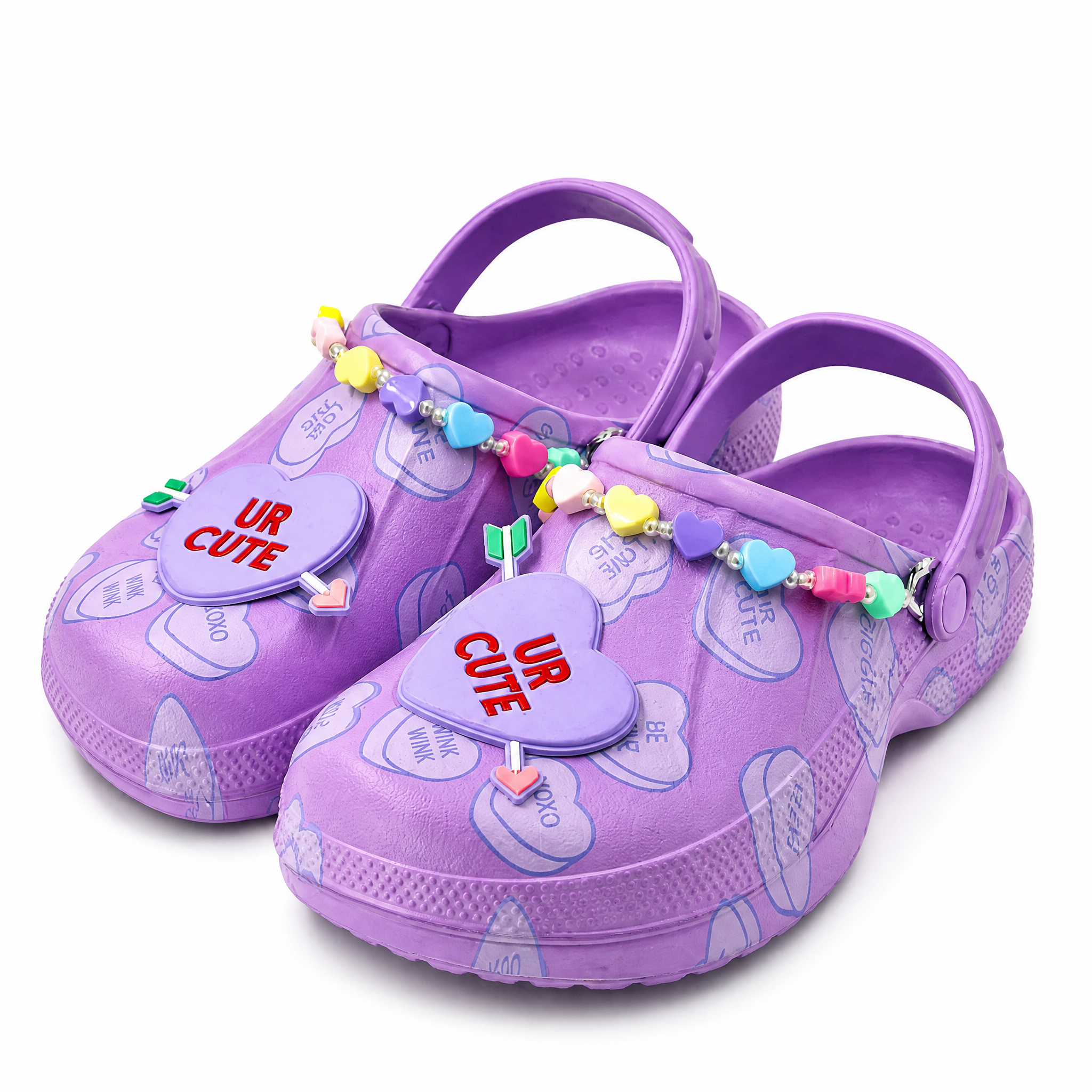 Zuecos con forma de corazón UR CUTE para niños a granel con dijes | Fábrica De Zapatos De Jardín Púrpuras Para Niñas al por mayor